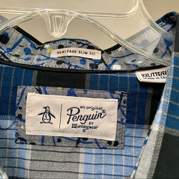 Penguin Plaid Blue Long Sleeve Shirt 55 Slim XXL - Picture 6 of 6